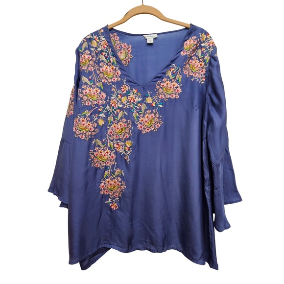 Sundance Tops - Sundance Blouse Womens L Blue Embroidered Cupro V-Neck Boho Bell Sleeve Floral